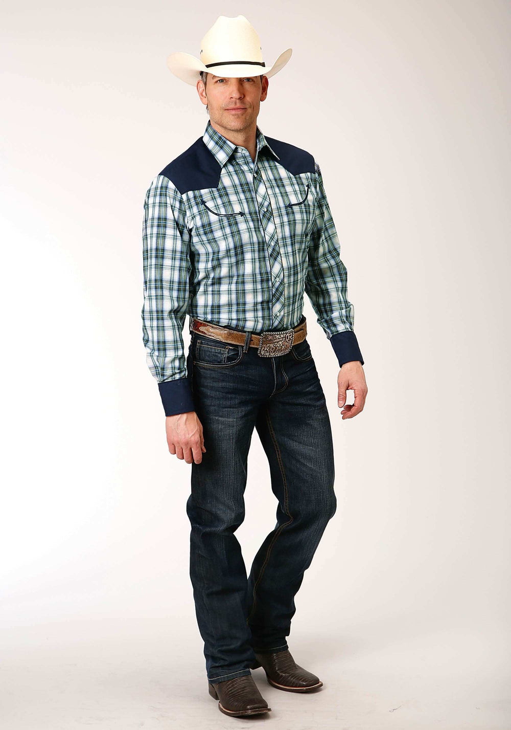 Roper Mens Long Sleeve Snap Olive Blue Cream Plaid Western Shirt - Roper - Flyclothing LLC
