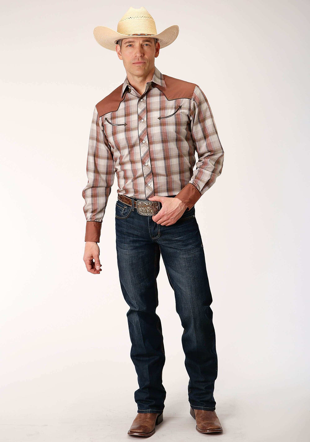 Roper Mens Long Sleeve Snap Tan Wine And Brown Plaid Western Shirt - Roper - Flyclothing LLC
