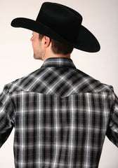 Roper Mens Long Sleeve Snap Black And White Plaid Western Shirt