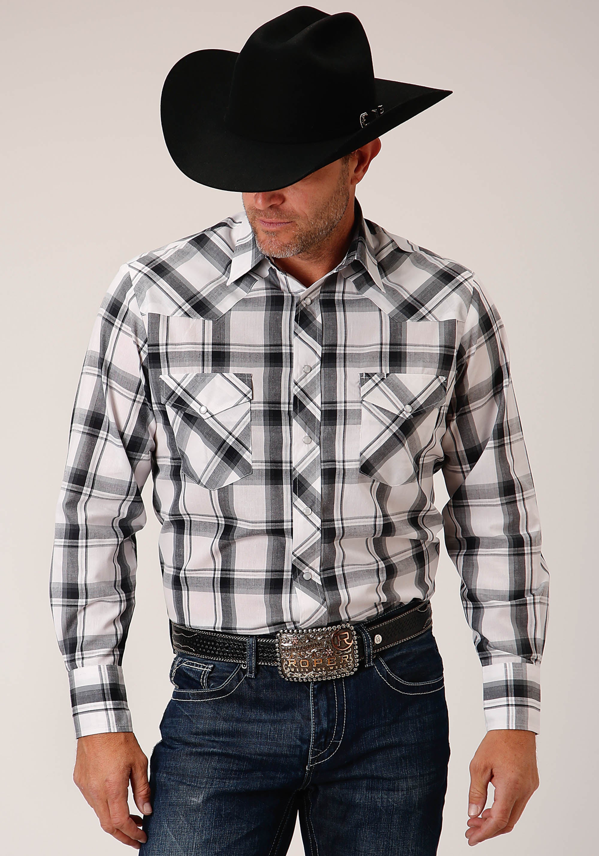 Roper Mens Long Sleeve Snap White Black Grey Plaid Western Shirt