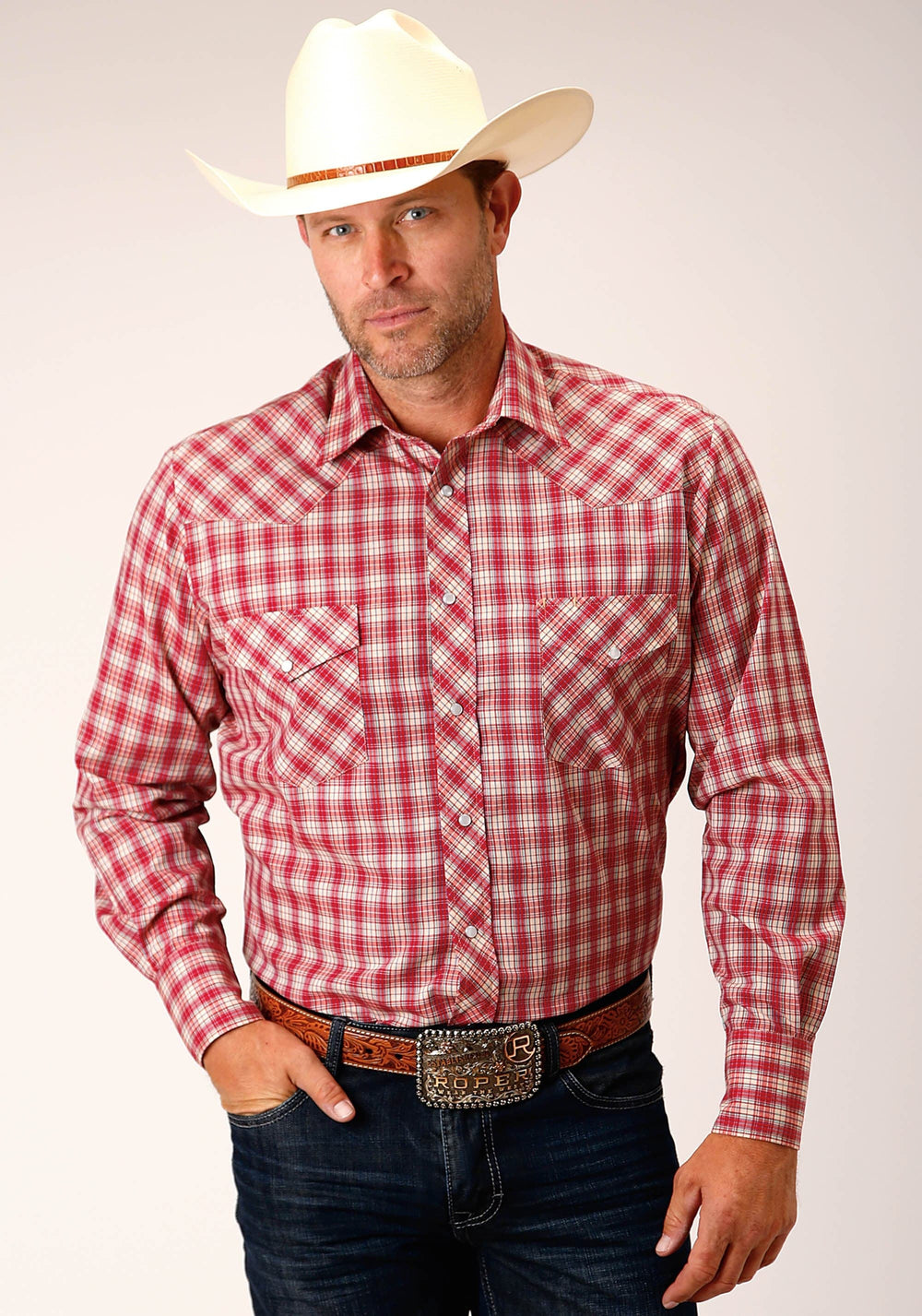 Roper Mens Long Sleeve Snap Red And Multi Colored Small Scale Western Shirt - Roper