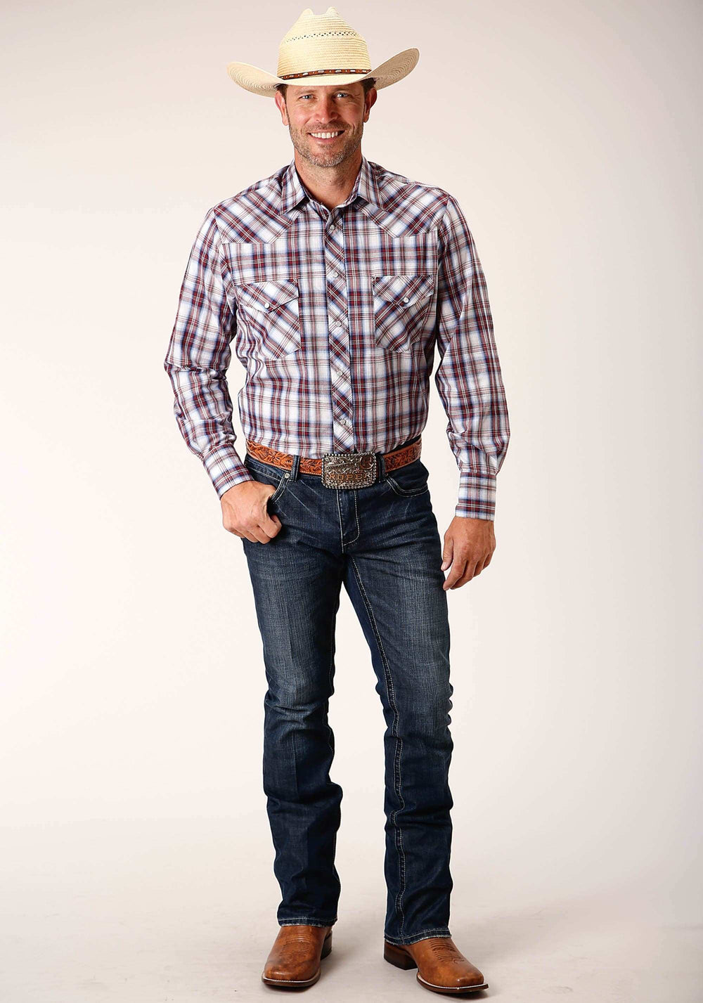 Roper Mens Long Sleeve Snap Wine Navy White Plaid Western Shirt - Roper - Flyclothing LLC