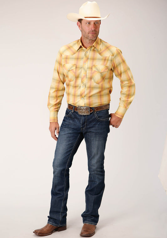 Roper Mens Long Sleeve Snap Yellow And Tangerine Plaid Western Shirt