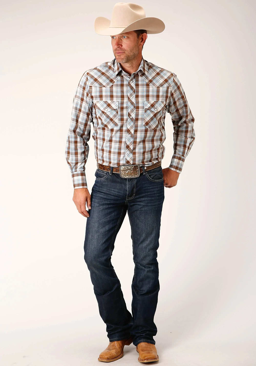 Roper Mens Long Sleeve Snap Brown Blue And White Plaid Western Shirt - Roper - Flyclothing LLC