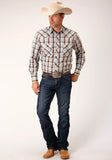 Roper Mens Long Sleeve Snap Brown Blue And White Plaid Western Shirt - Roper
