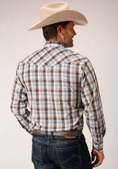 Roper Mens Long Sleeve Snap Brown Blue And White Plaid Western Shirt