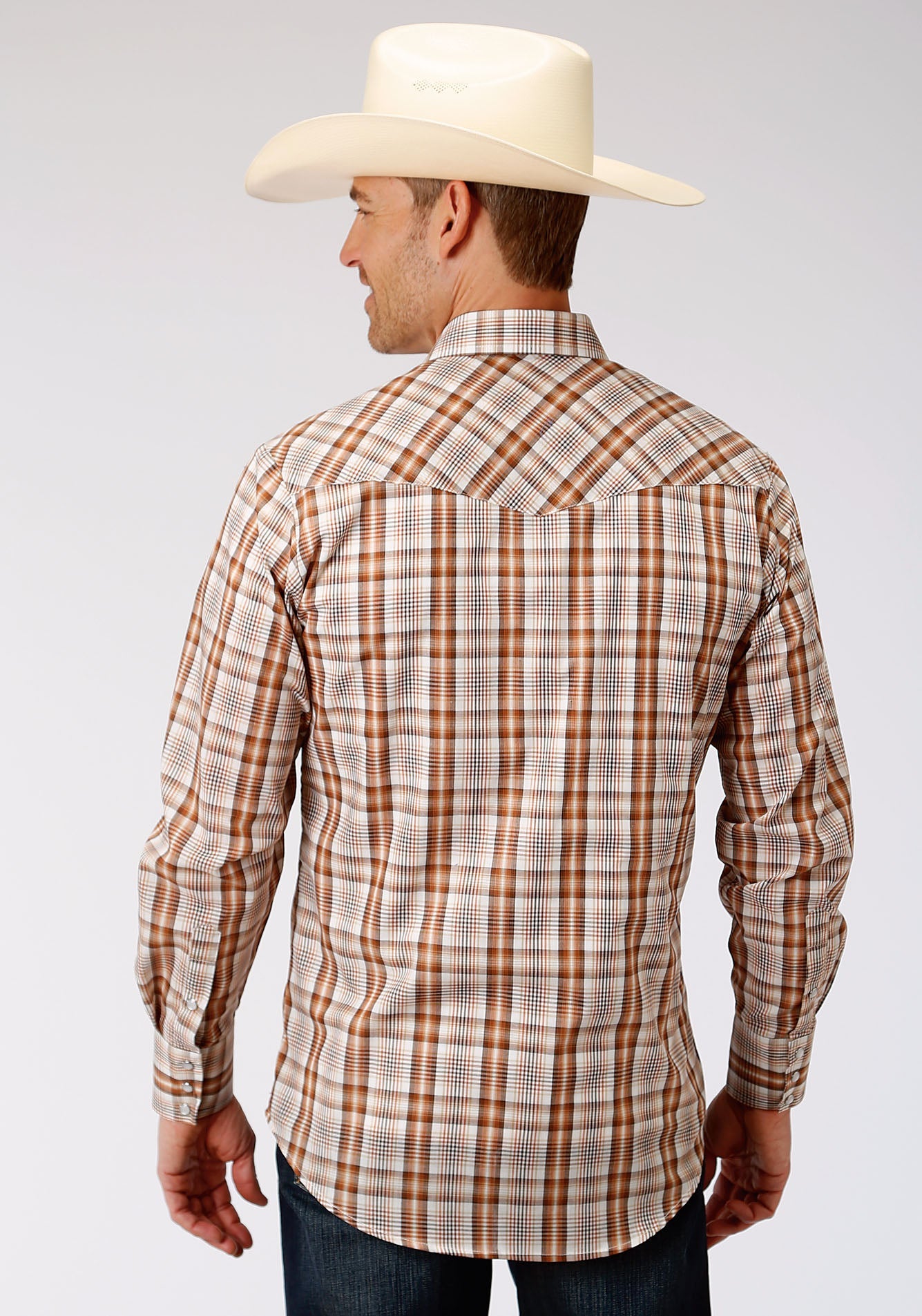 Roper Mens Brown Rust And Cream Plaid Long Sleeve Snap Western Shirt