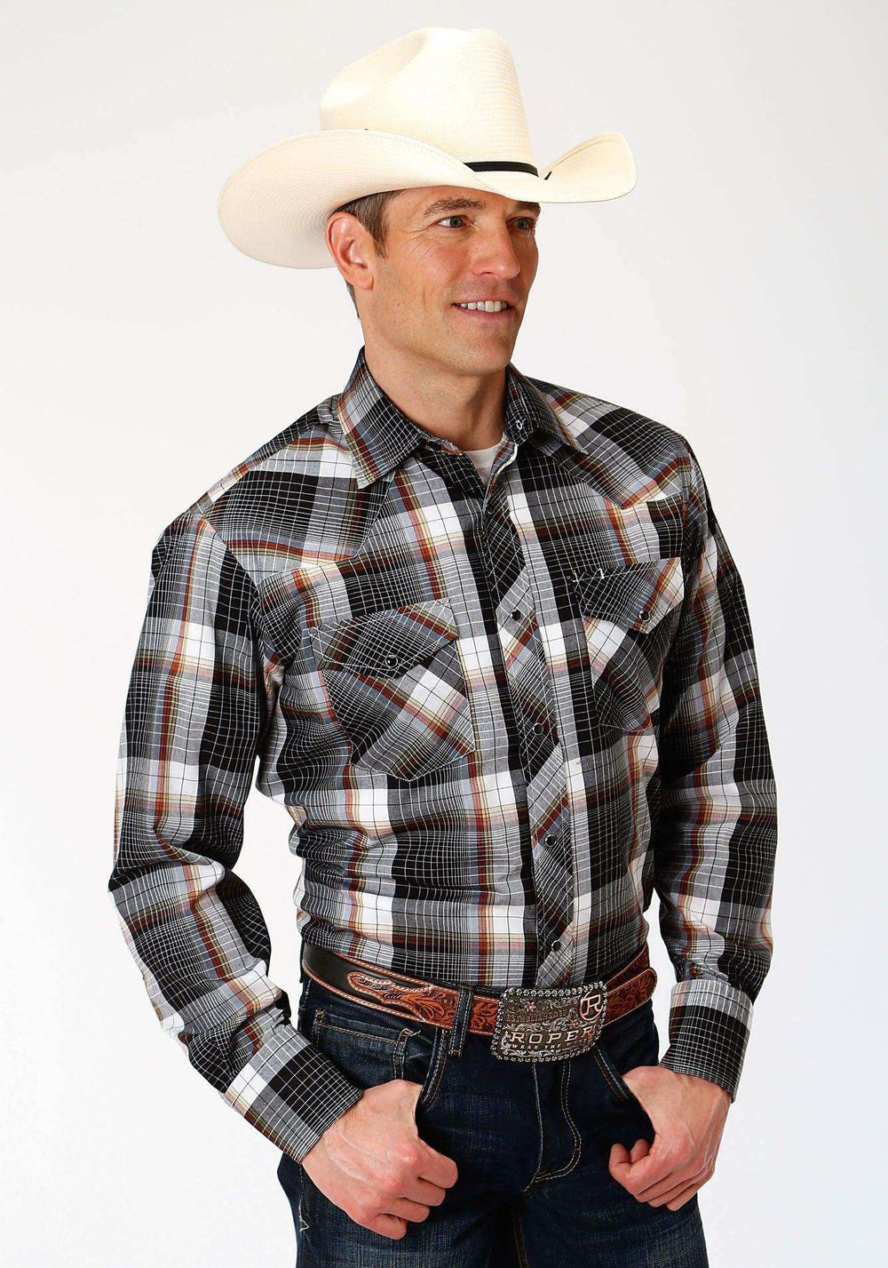 ROPER MENS BLACK WHITE AND RUST PLAID LONG SLEEVE SNAP WESTERN SHIRT - Roper - Flyclothing LLC