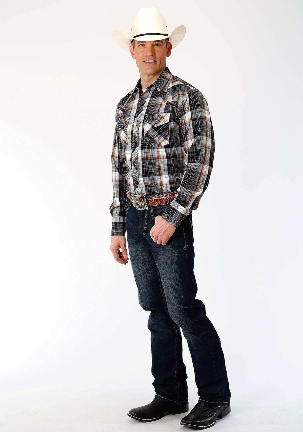 ROPER MENS BLACK WHITE AND RUST PLAID LONG SLEEVE SNAP WESTERN SHIRT - Roper - Flyclothing LLC