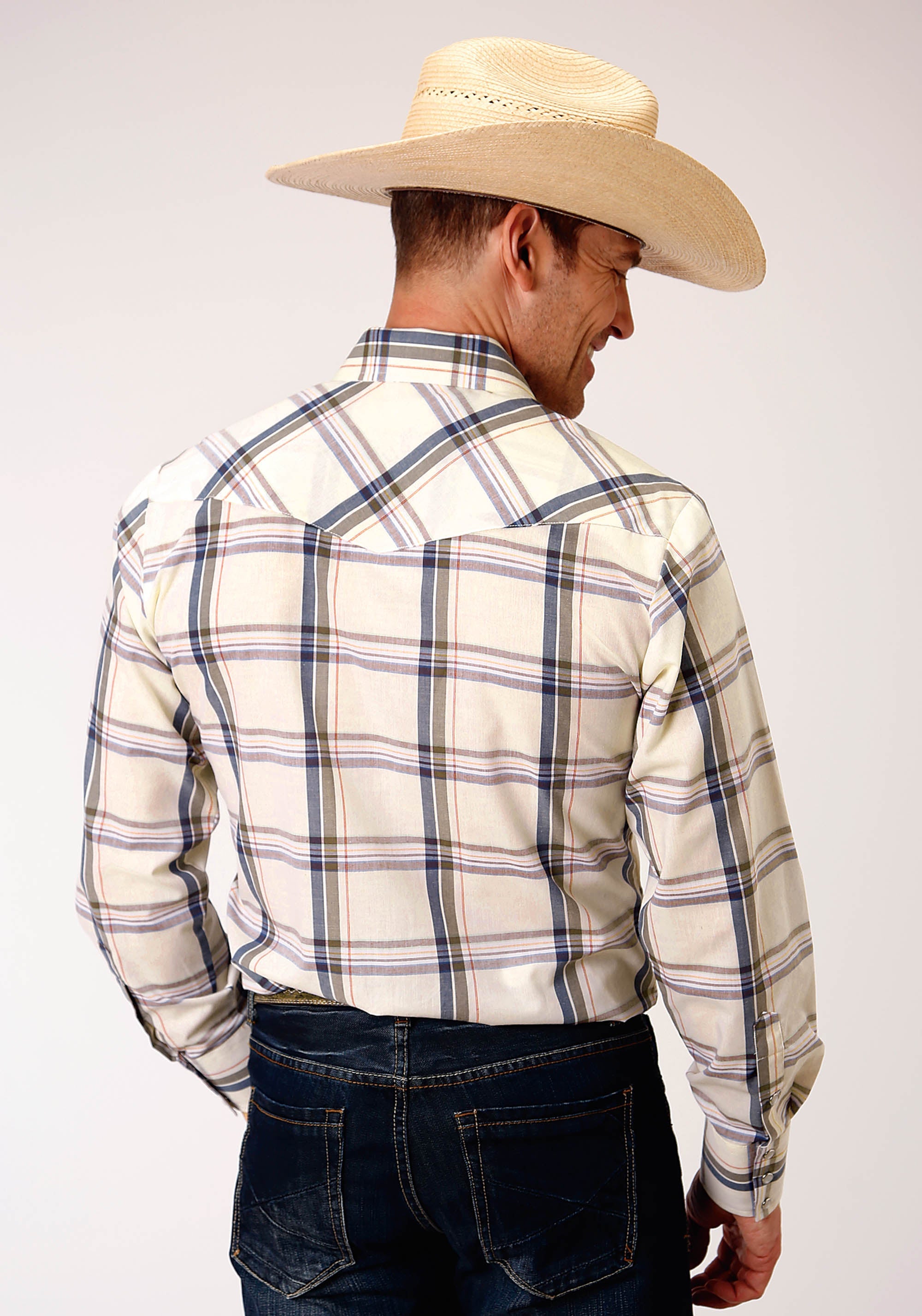 Roper Mens Long Sleeve Snap Cream Navy Brown Large Scale Plaid Western Shirt