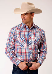 Roper Mens Long Sleeve Snap Red Black And White Plaid Western Shirt