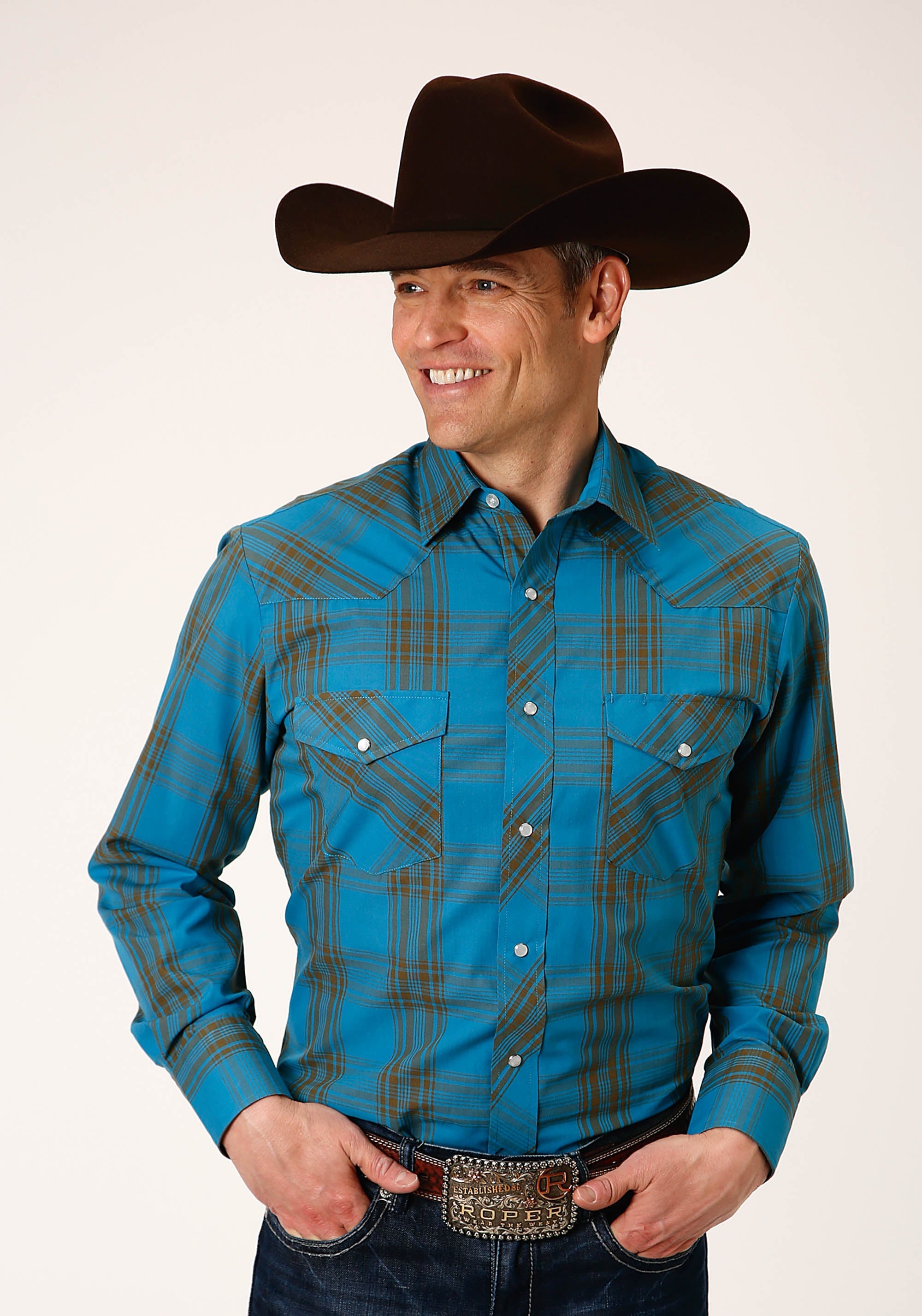 Roper Mens Long Sleeve Snap Peacock Blue And Olive Western Shirt