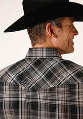 Roper Mens Long Sleeve Snap Black And Cream Plaid Western Shirt