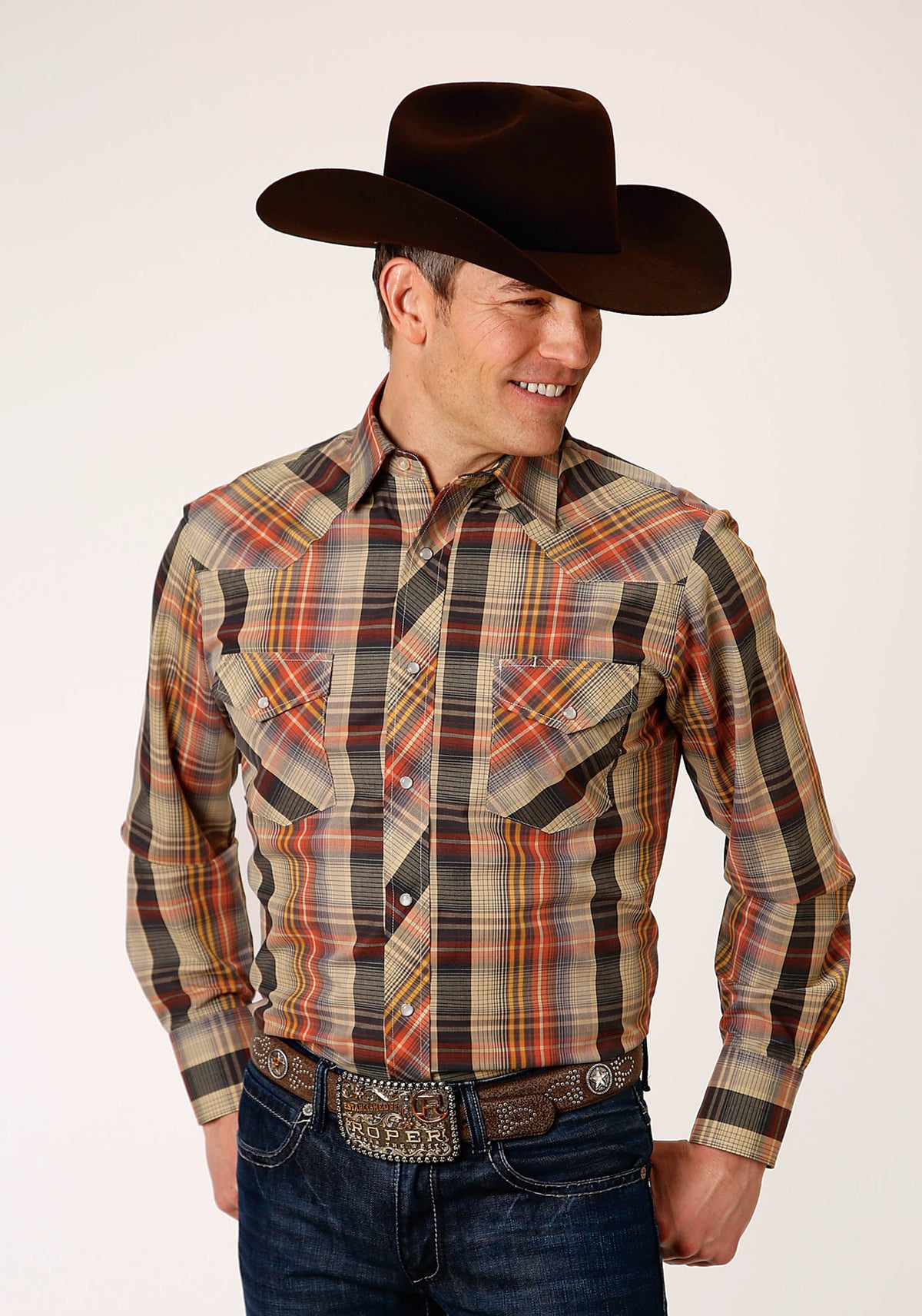Roper Mens Long Sleeve Snap Multi Color Harvest Plaid Western Shirt