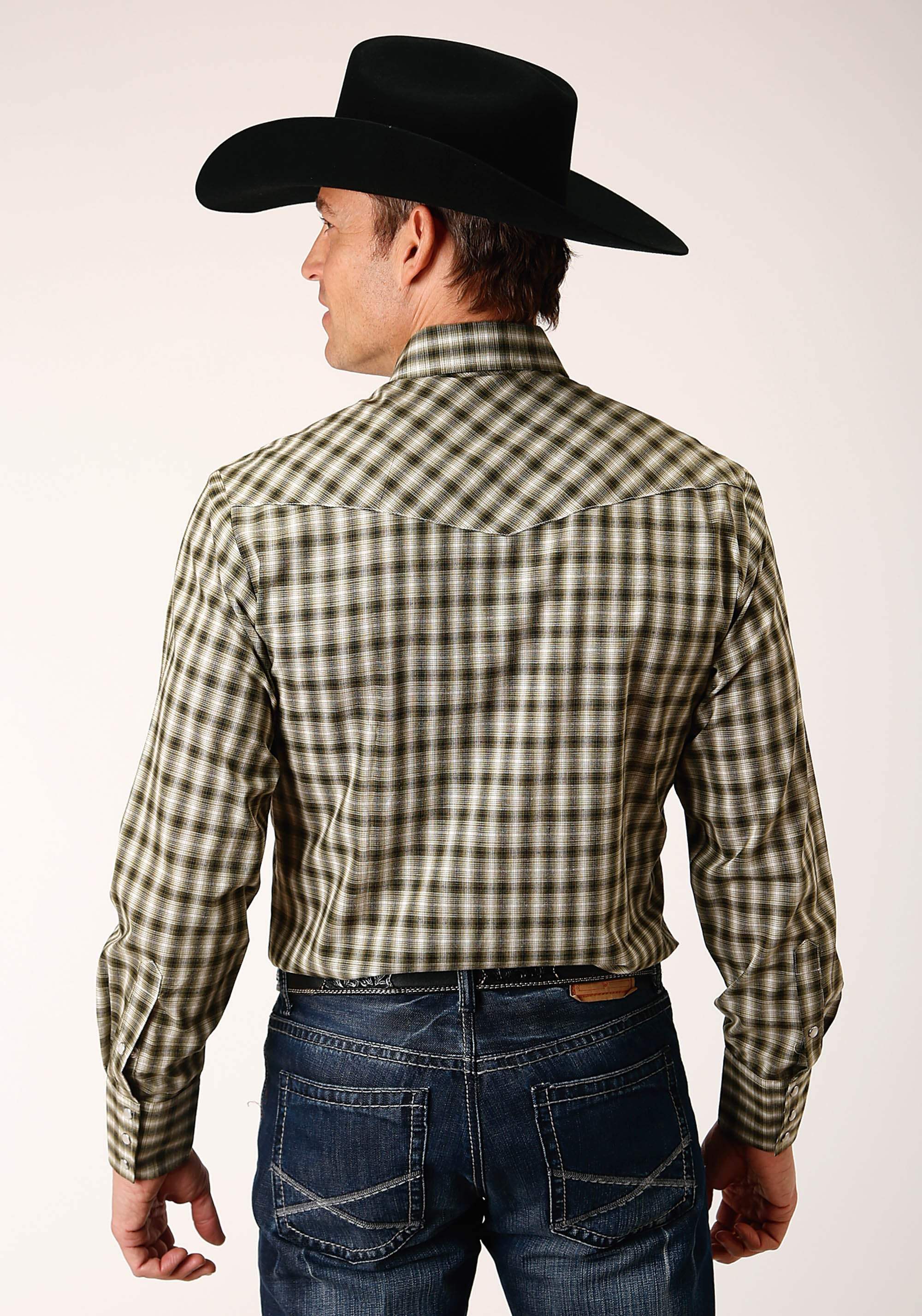 Roper Mens Long Sleeve Snap Olive Black Cream Plaid Western Shirt - Roper - Flyclothing LLC