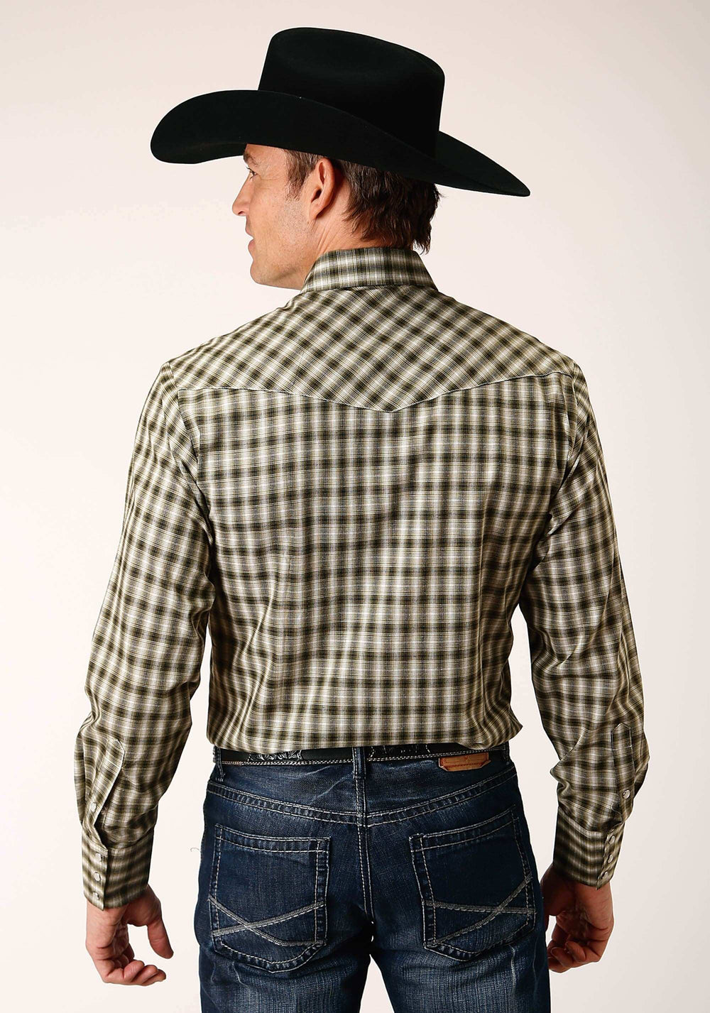 Roper Mens Long Sleeve Snap Olive Black Cream Plaid Western Shirt - Roper - Flyclothing LLC