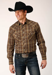 Roper Mens Long Sleeve Snap Multi Brown Plaid Western Shirt