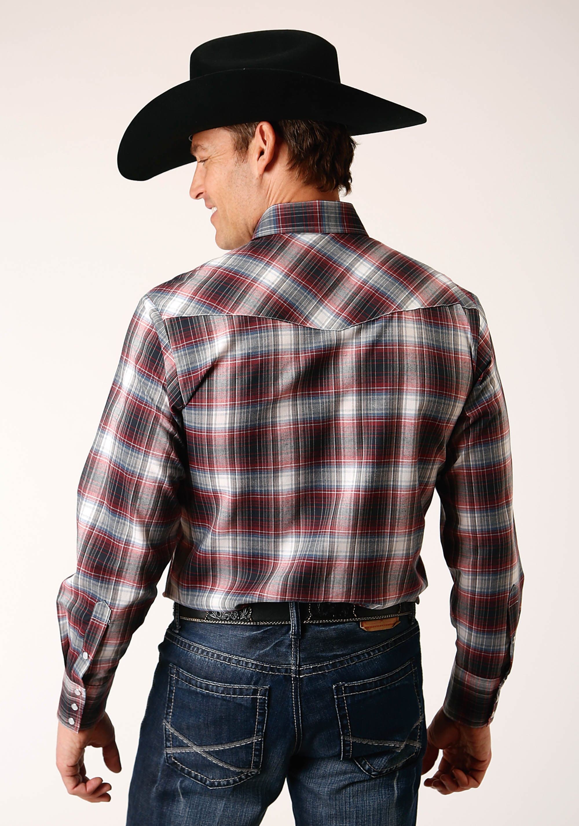 Roper Mens Long Sleeve Snap Red Black White Plaid Western Shirt