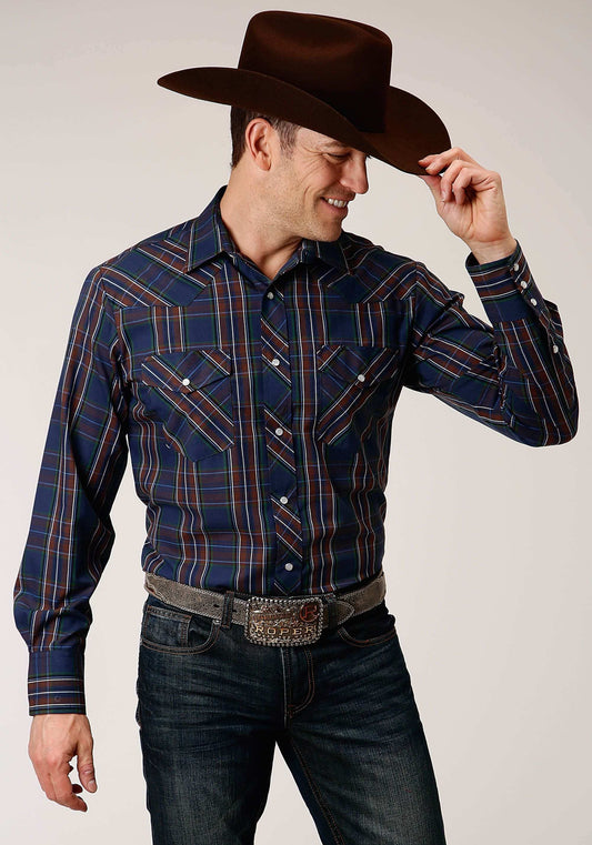 Roper Mens Long Sleeve Snap Navy Wine Brown Green Plaid Western Shirt - Roper - Flyclothing LLC