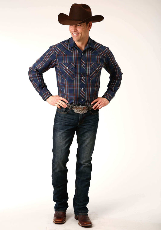 Roper Mens Long Sleeve Snap Navy Wine Brown Green Plaid Western Shirt - Roper - Flyclothing LLC