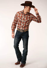 Roper Mens Long Sleeve Snap Rust Brown And Cream Plaid Western Shirt - Roper - Flyclothing LLC