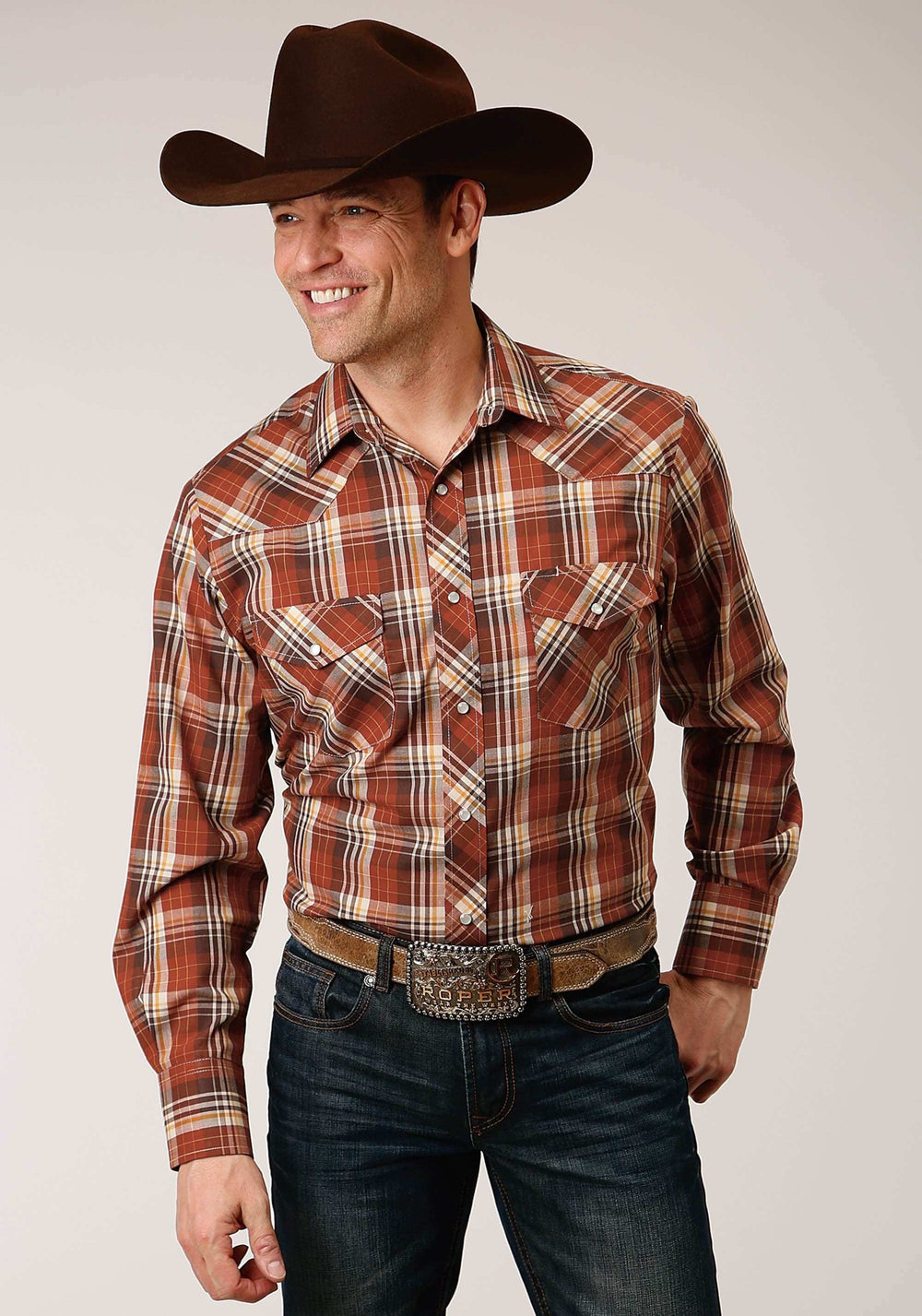 Roper Mens Long Sleeve Snap Rust Brown And Cream Plaid Western Shirt - Roper - Flyclothing LLC