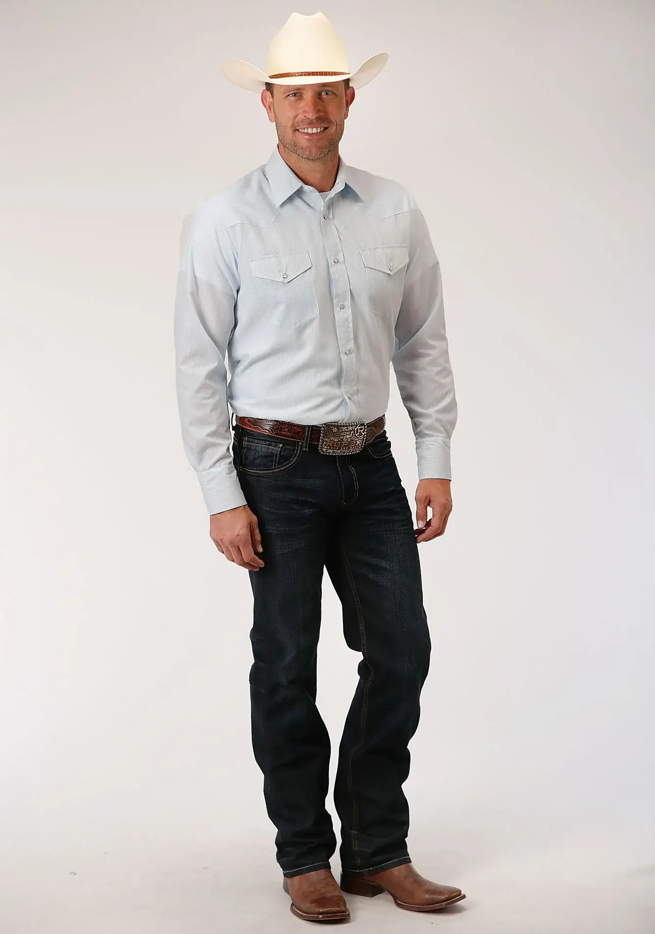 Roper Mens Blue And White Stripe Long Sleeve Snap Western Shirt - Roper - Flyclothing LLC