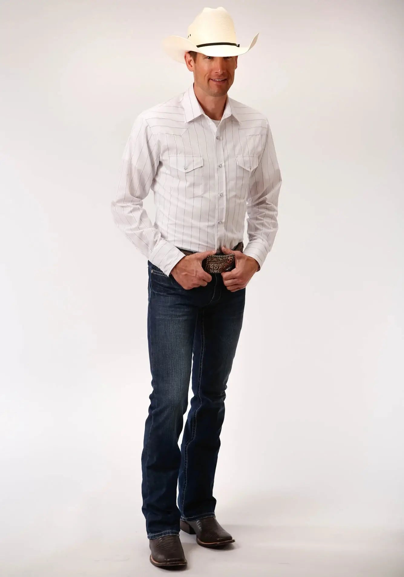 Roper Mens White With Red Stripe Long Sleeve Snap Western Shirt - Roper - Flyclothing LLC