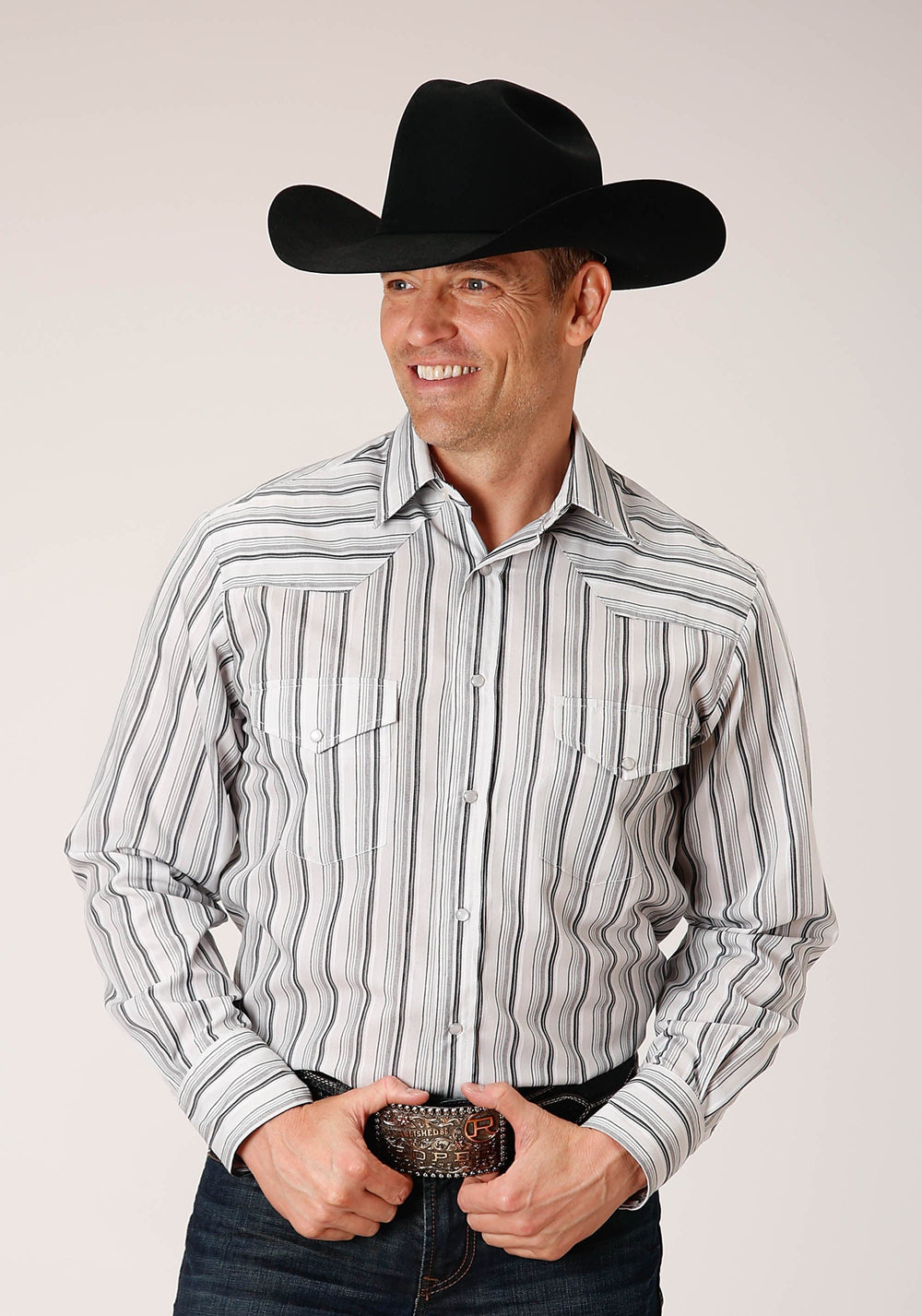 Roper Mens Long Sleeve Snap Ltgy Charcoal White Stripe Western Shirt - Roper