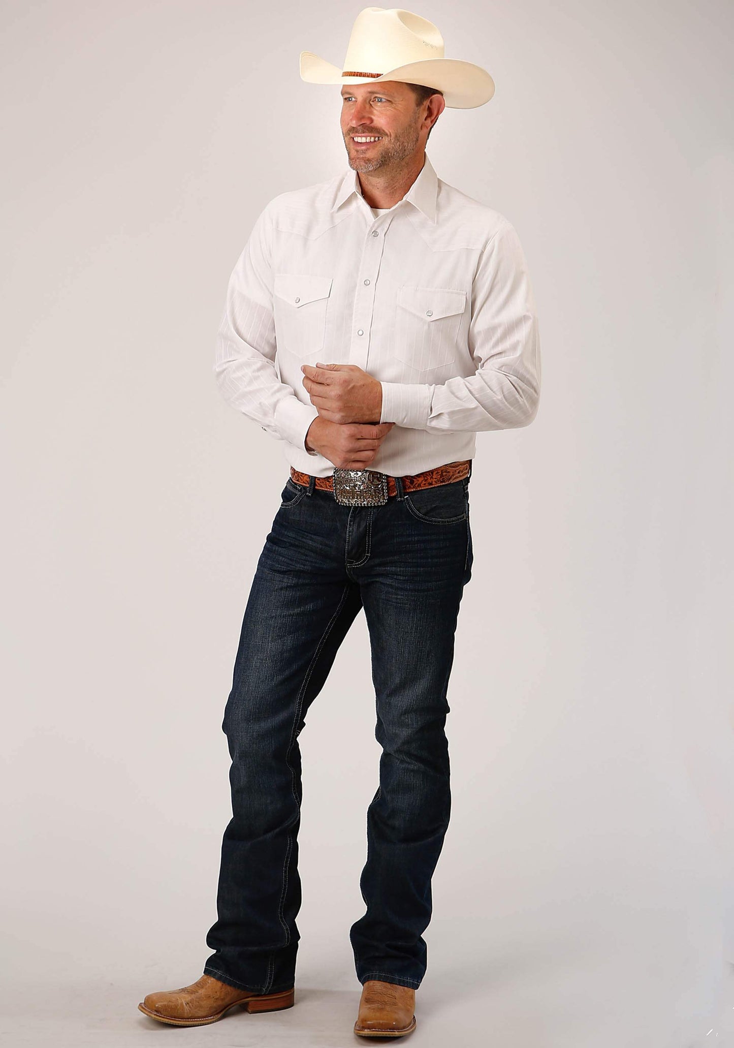 Roper Mens Long Sleeve Snap White Diamond Stripe Tone On Tone Western Shirt - Roper - Flyclothing LLC