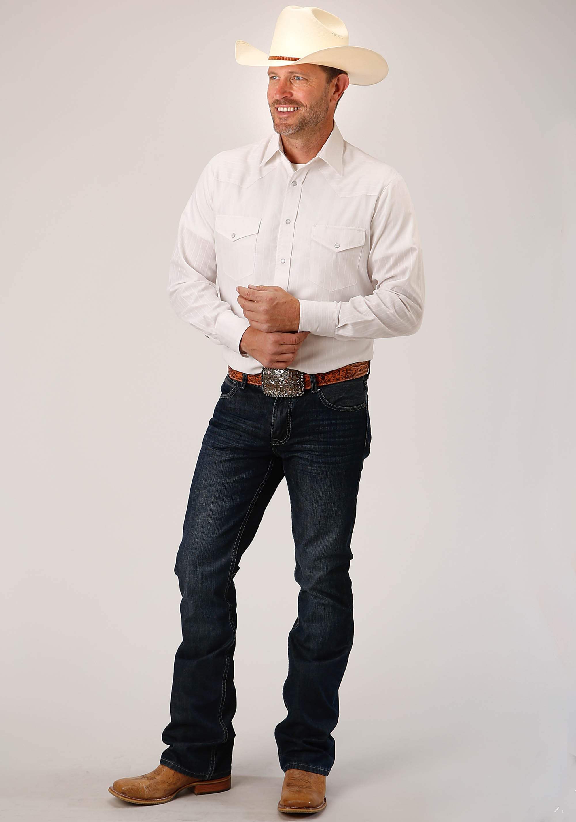 Roper Mens Long Sleeve Snap White Diamond Stripe Tone On Tone Western Shirt - Roper - Flyclothing LLC