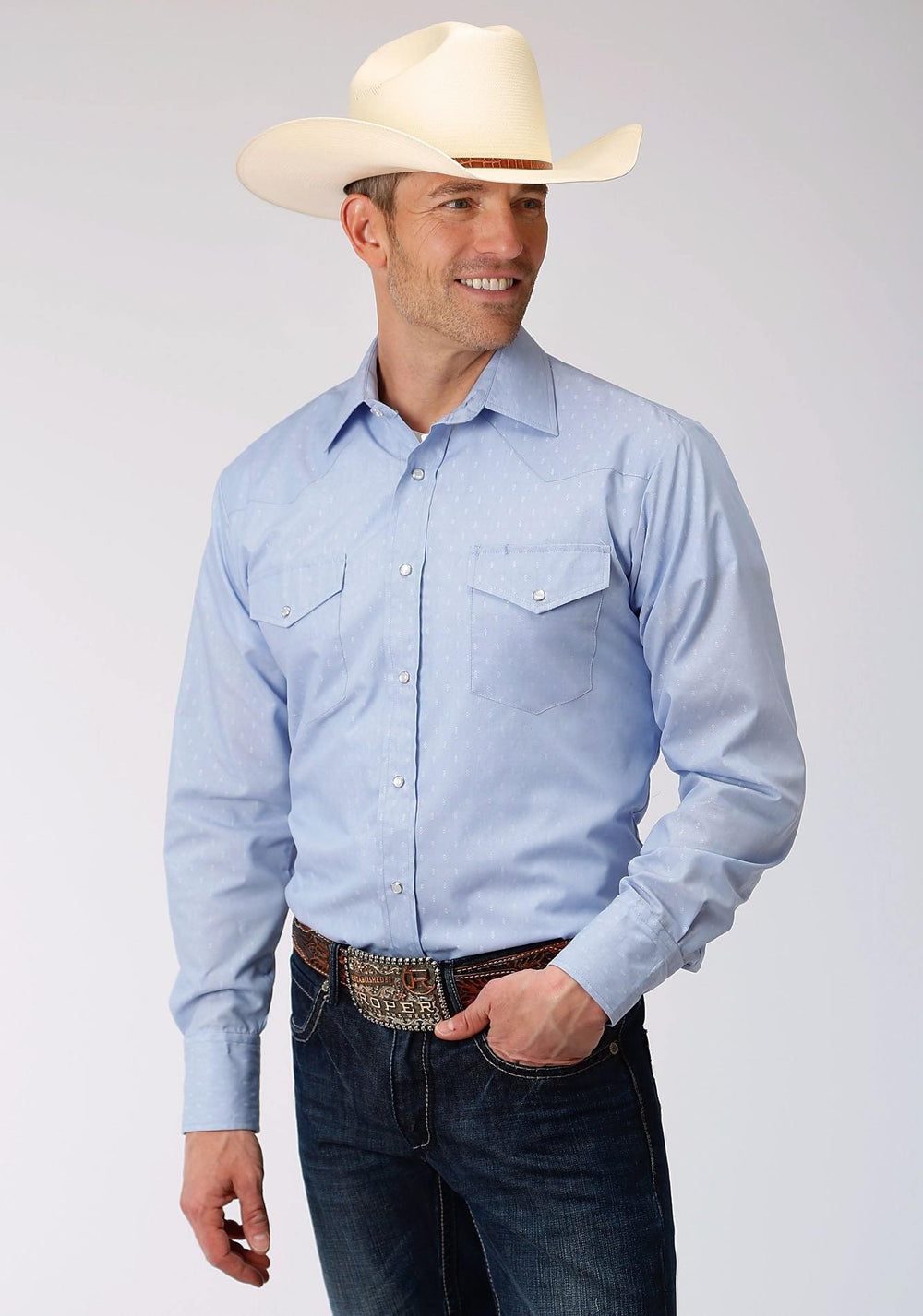 Roper Mens Blue Double Diamond Tone On Tone Long Sleeve Snap Western Shirt - Roper