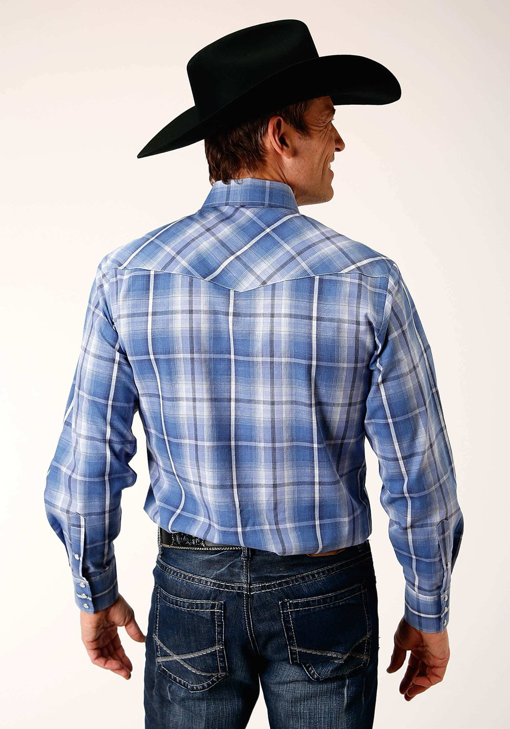 Roper Mens Long Sleeve Snap Blue White Navy Plaid Western Shirt Tall Fit - Roper - Flyclothing LLC