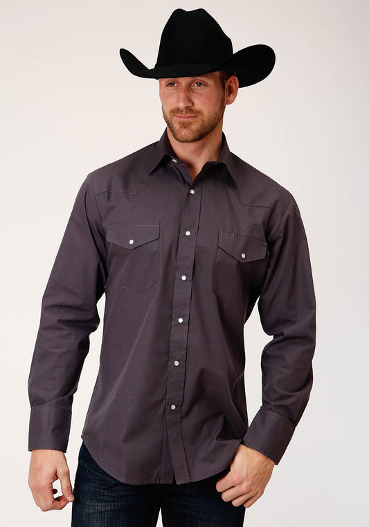 Roper Mens Long Sleeve Snap Grey Slubby Tone On Tone Western Shirt Tall Fit - Roper