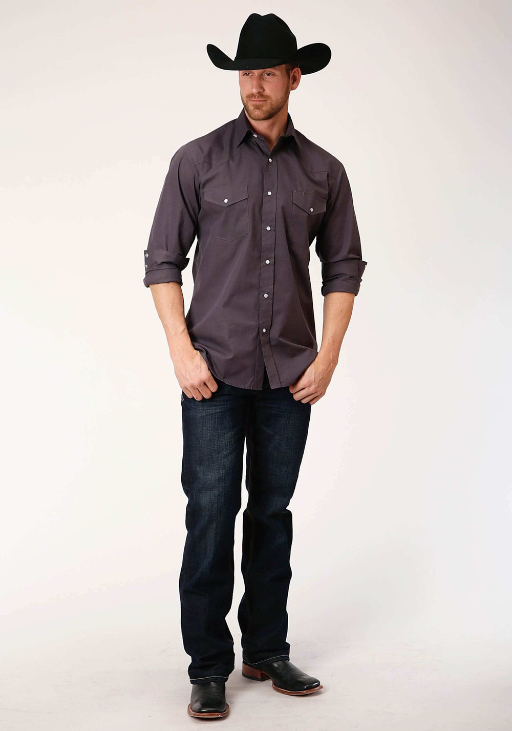 Roper Mens Long Sleeve Snap Grey Slubby Tone On Tone Western Shirt Tall Fit - Roper - Flyclothing LLC