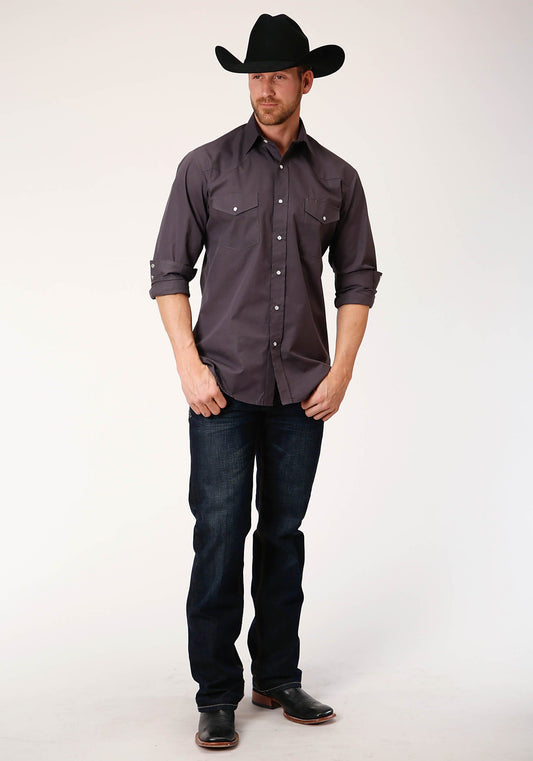 Roper Mens Long Sleeve Snap Grey Slubby Tone On Tone Western Shirt Tall Fit - Roper
