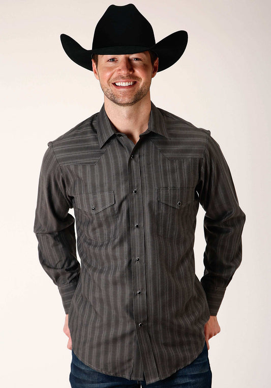 Roper Mens Long Sleeve Snap Charcoal Dobby Stripe Western Shirt Tall Fit - Roper - Flyclothing LLC