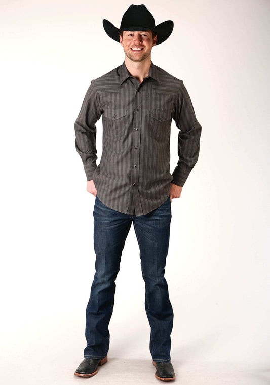 Roper Mens Long Sleeve Snap Charcoal Dobby Stripe Western Shirt Tall Fit - Roper - Flyclothing LLC