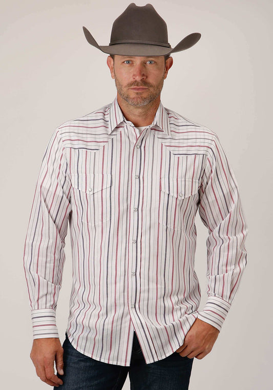 Roper Mens Long Sleeve Snap Navy Red Grey Stripe Western Shirt Tall Fit - Roper - Flyclothing LLC