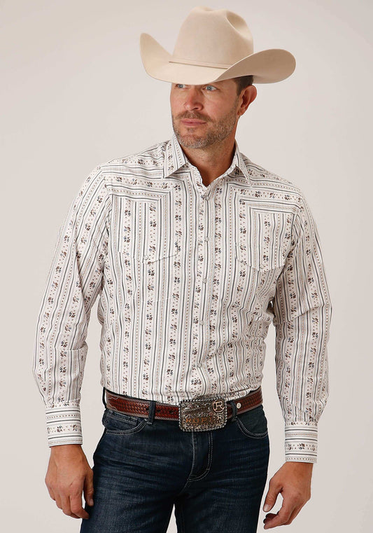 Roper Mens Long Sleeve Snap Brown And Blue Wallpaper Stripe Western Shirt Tall Fit - Roper - Flyclothing LLC