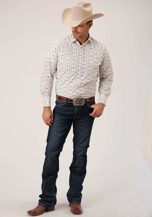 Roper Mens Long Sleeve Snap Brown And Blue Wallpaper Stripe Western Shirt Tall Fit - Roper - Flyclothing LLC