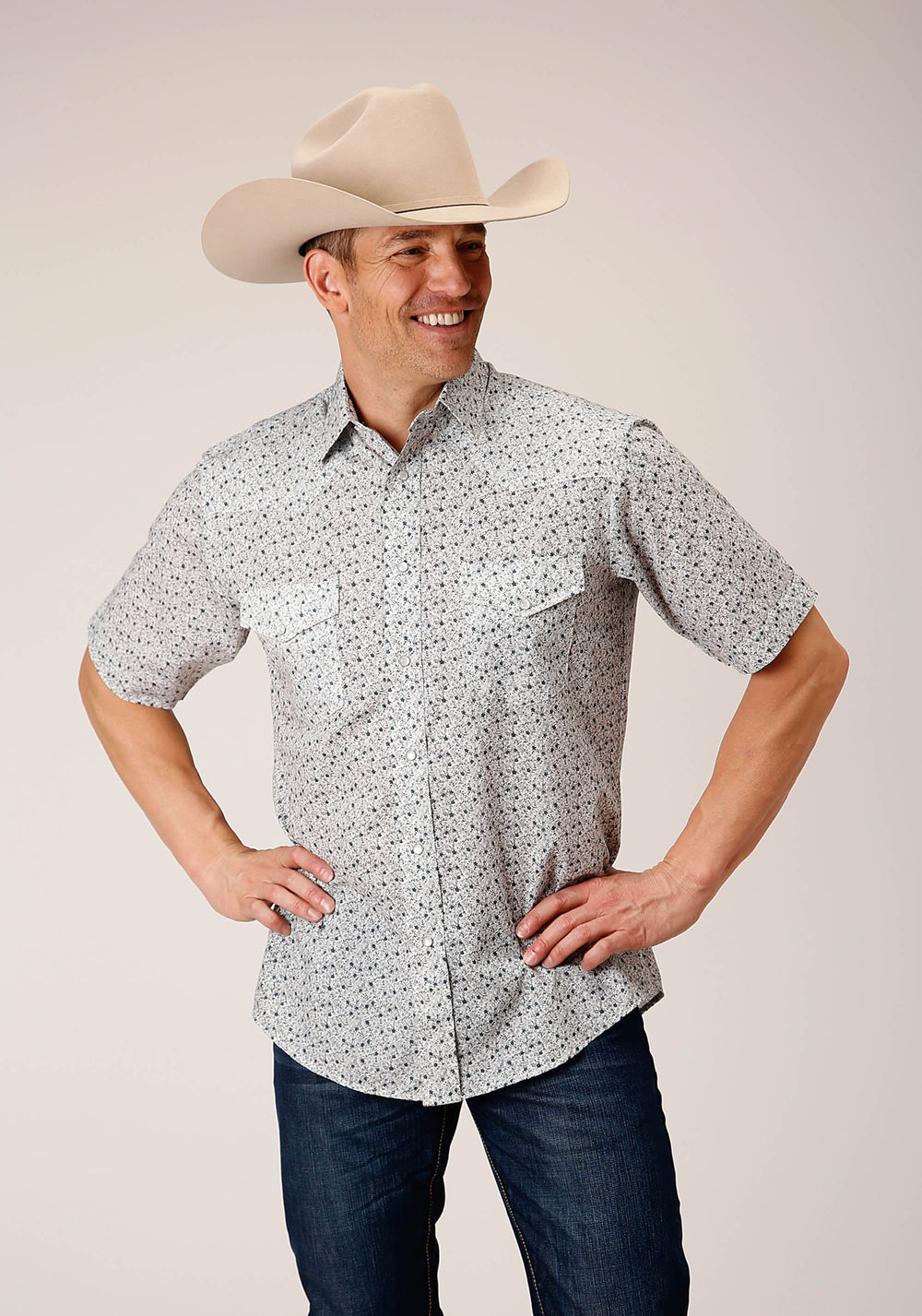 Roper Mens Short Sleeve Snap Multi Blue Mini Floral Print Western Shirt - Roper