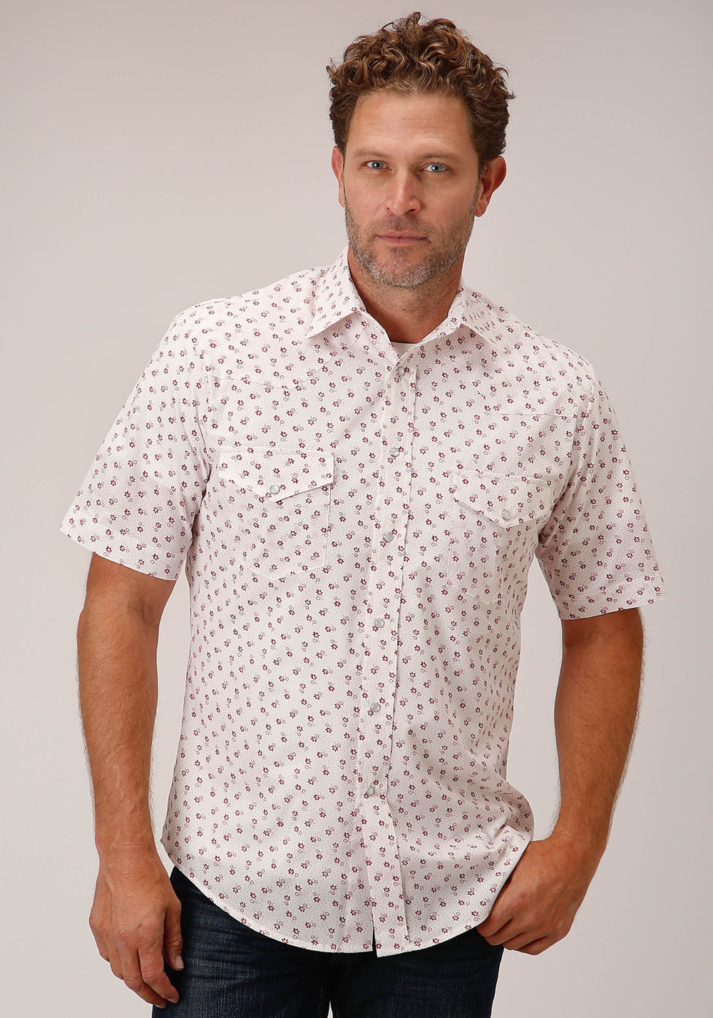 Roper Mens Short Sleeve Snap White And Red Floral Print Western Shirt - Roper
