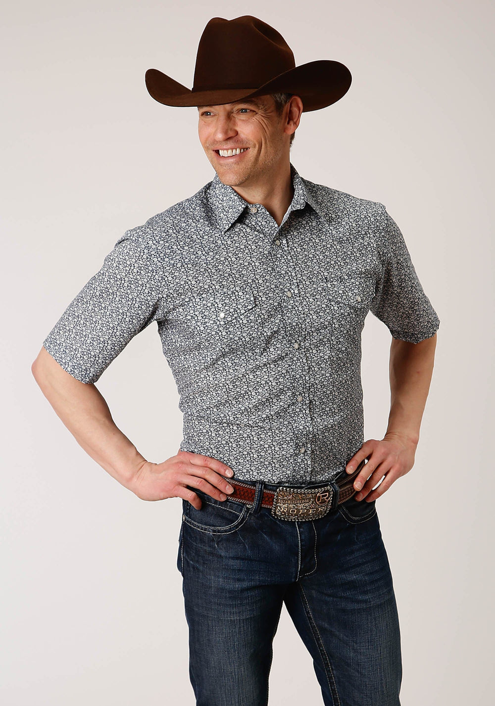 Roper Mens Short Sleeve Snap Navy And Cream Floral Print Western Shirt - Roper