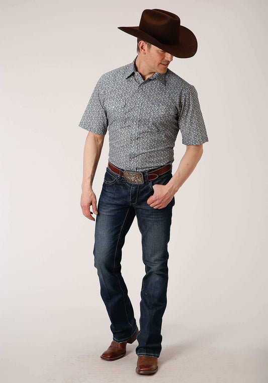 Roper Mens Short Sleeve Snap Navy And Cream Floral Print Western Shirt - Roper - Flyclothing LLC