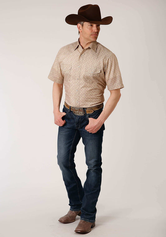 Roper Mens Short Sleeve Snap Beige And Rust Vintage Floral Print Western Shirt - Roper - Flyclothing LLC