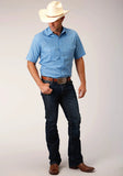 Roper Mens Short Sleeve Snap Solid Broadcloth Heritage Blue Western Shirt - Roper