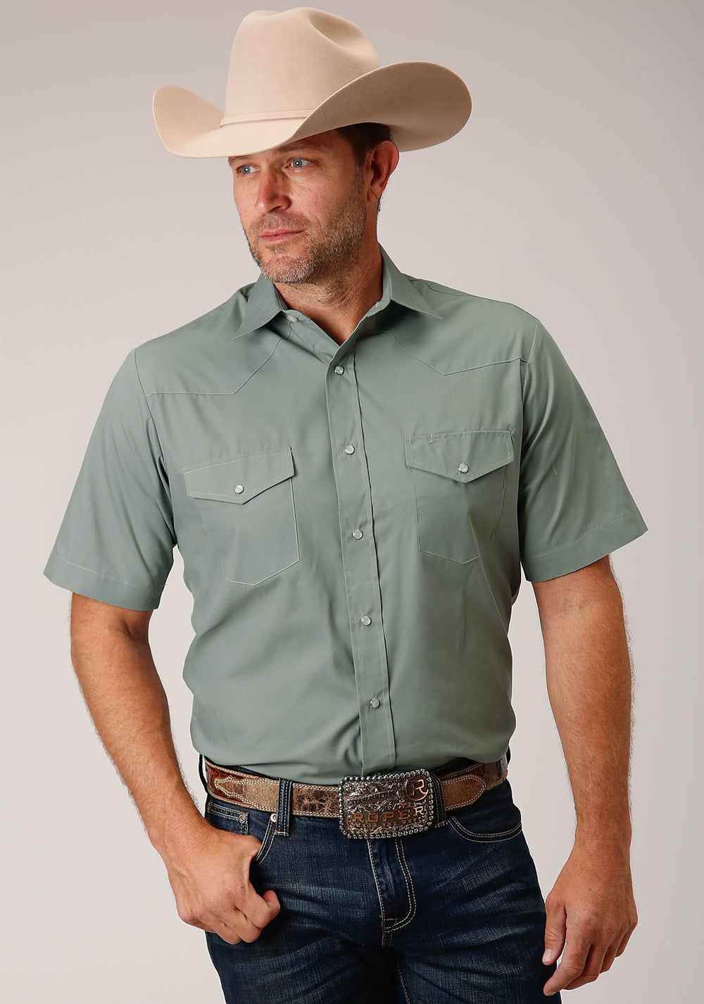 Roper Mens Short Sleeve Snap Solid Broadcloth Dusty Green Western Shirt - Roper