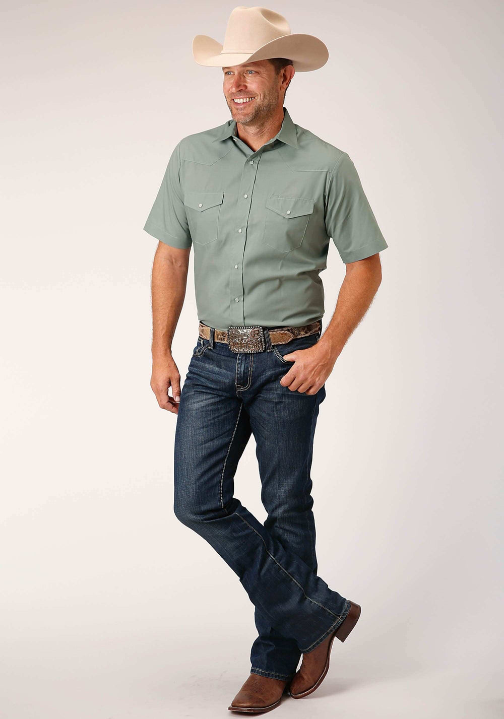 Roper Mens Short Sleeve Snap Solid Broadcloth Dusty Green Western Shirt - Roper - Flyclothing LLC