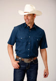Roper Mens Short Sleeve Snap Solid Broadcloth Summer Navy Western Shirt - Roper